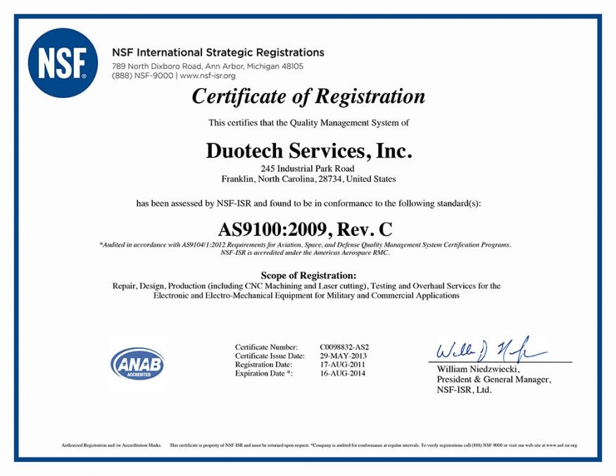Duotech Services Completes AS9100C Registration Process