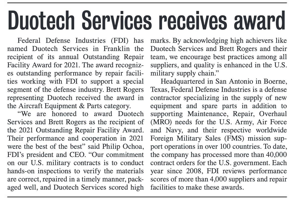 Outstanding Repair Facility Award for 2021 from Federal Defense Industries (FDI)